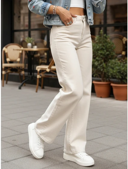 Dámské džíny s vysokým pasem a širokými nohavicemi béžové FashionStreet UY2870 Dámské džíny s vysokým pasem a širokými nohavicemi béžové FashionStreet UY2870