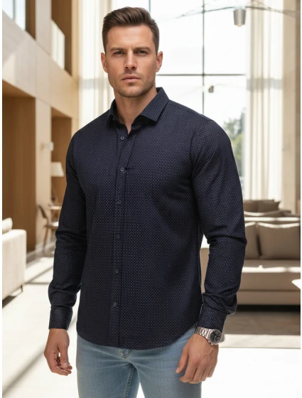 Pánská tmavě modrá vzorovaná košile slim fit FashionStreet DX2690 Pánská tmavě modrá vzorovaná košile slim fit FashionStreet DX2690