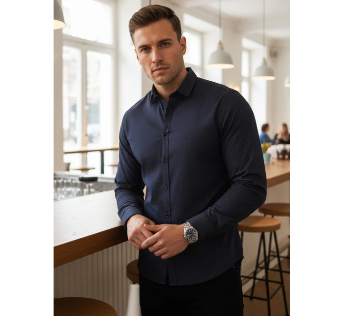 Pánská tmavě modrá vzorovaná košile slim fit FashionStreet DX2691 Pánská tmavě modrá vzorovaná košile slim fit FashionStreet DX2691
