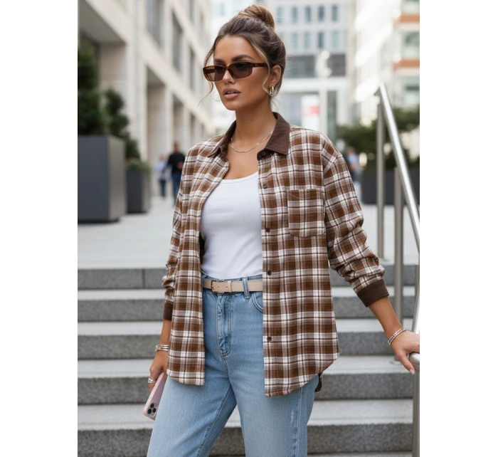 Koszula damska zapinana na guziki w kratę brązowa FashionStreet DY0486 Koszula damska zapinana na guziki w kratę brązowa FashionStreet DY0486