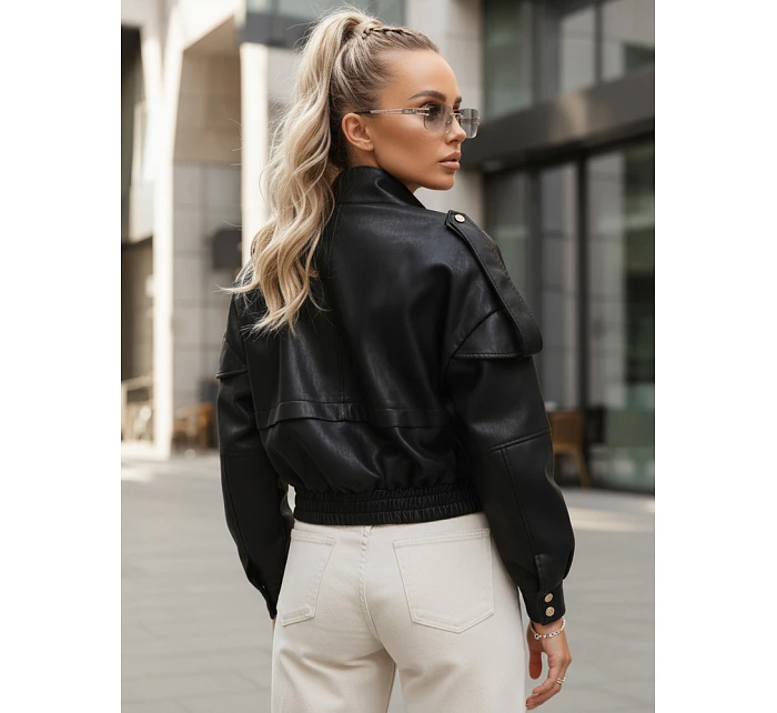 Dámská bunda z ekokůže s žebrovaným lemem a límcem černá FashionStreet TY5646 Dámská bunda z ekokůže s žebrovaným lemem a límcem černá FashionStreet TY5646