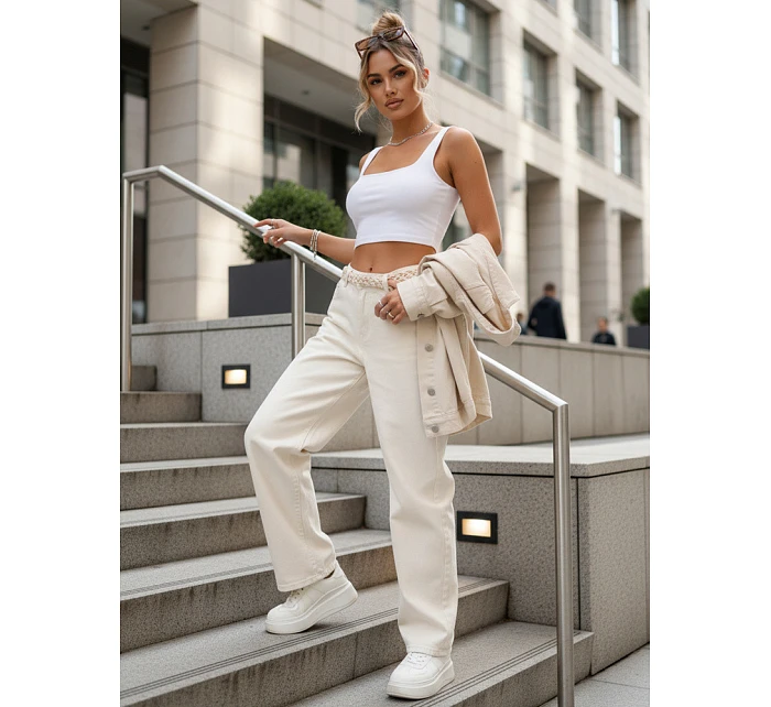 Dámské baggy džíny s vysokým sedem béžové FashionStreet UY2931 Dámské baggy džíny s vysokým sedem béžové FashionStreet UY2931