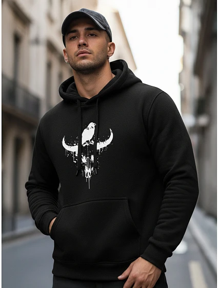 Pánská mikina s potiskem býčí lebky černá FashionStreet NX0060B Pánská mikina s potiskem býčí lebky černá FashionStreet NX0060B