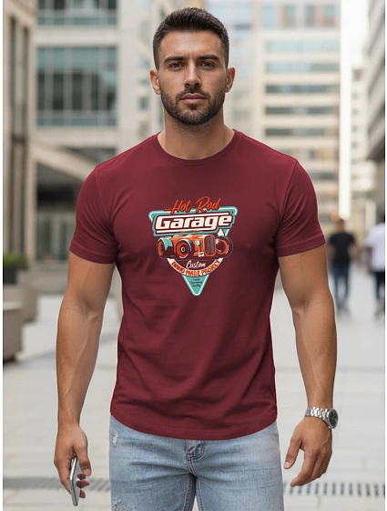 Pánské tričko s potiskem HOT ROD GARAGE bordó FashionStreet NX5093R
