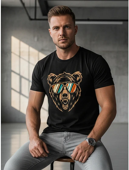 Pánské bavlněné tričko s potiskem medvídka černé FashionStreet NX041R