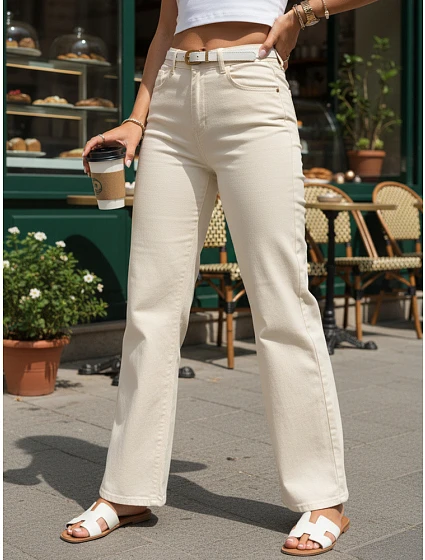 Dámské džíny s páskem a širokou nohavicí béžové FashionStreet UY3063
