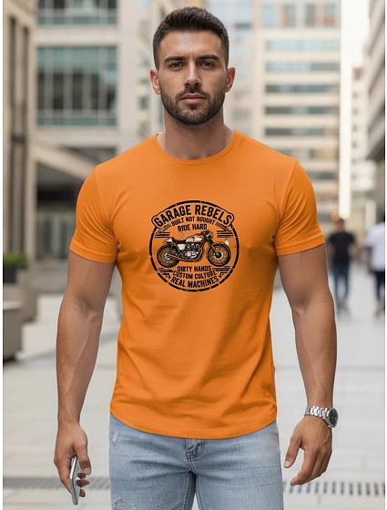 Pánské oranžové tričko s potiskem motorky FashionStreet NX5007R