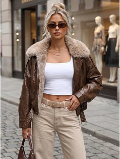 Dámská zimní bunda z ekokůže s kožešinou, hnědá, FashionStreet TY5708