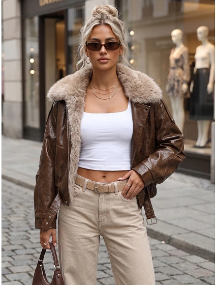 Dámská zimní bunda z ekokůže s kožešinou, hnědá, FashionStreet TY5708 Dámská zimní bunda z ekokůže s kožešinou, hnědá, FashionStreet TY5708