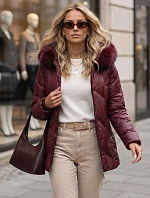 Dámská zimní prošívaná bunda LOVEINSIDE s kožešinovým lemem, vínová, FashionStreet TY5813