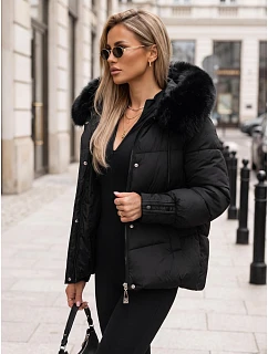 Pikowana kurtka damska z futrzanym kapturem czarna FashionStreet TY5892