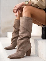 Kozaki damskie z wysoką cholewką na słupku khaki FashionStreet ZY1460 Kozaki damskie z wysoką cholewką na słupku khaki FashionStreet ZY1460