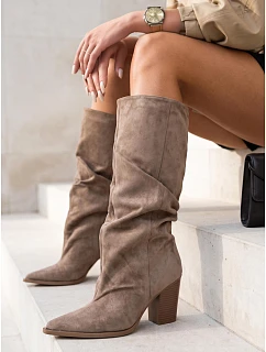 Kozaki damskie z wysoką cholewką na słupku khaki FashionStreet ZY1460