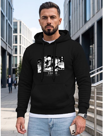 Pánská mikina s kapucí a potiskem TOKYO, černá, FashionStreet NX5146BX Pánská mikina s kapucí a potiskem TOKYO, černá, FashionStreet NX5146BX