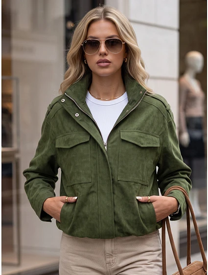 Dámská semišová bunda typu bomber, zelená, FashionStreet TY5959 Dámská semišová bunda typu bomber, zelená, FashionStreet TY5959