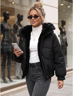 Dámská zimní prošívaná bunda s kožešinou, černá, FashionStreet TY6007