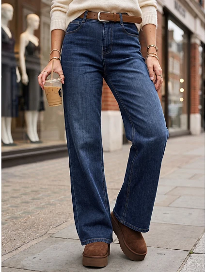 Jeansy damskie wide leg z paskiem niebieskie FashionStreet UY3125 Jeansy damskie wide leg z paskiem niebieskie FashionStreet UY3125