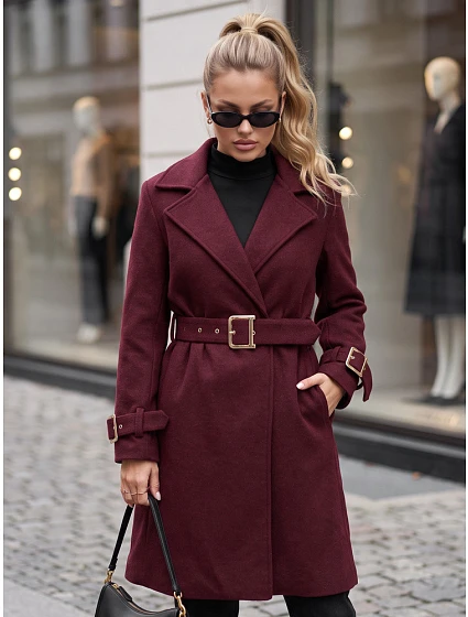 Elegancki płaszcz damski taliowany z paskiem bordowy FashionStreet NY0786 Elegancki płaszcz damski taliowany z paskiem bordowy FashionStreet NY0786
