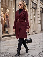 Elegancki płaszcz damski taliowany z paskiem bordowy FashionStreet NY0786 Elegancki płaszcz damski taliowany z paskiem bordowy FashionStreet NY0786