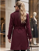 Elegancki płaszcz damski taliowany z paskiem bordowy FashionStreet NY0786 Elegancki płaszcz damski taliowany z paskiem bordowy FashionStreet NY0786