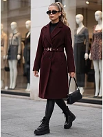Elegancki płaszcz damski dwurzędowy z paskiem bordowy FashionStreet NY0788