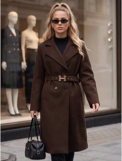 Elegancki płaszcz damski dwurzędowy z paskiem czekoladowy FashionStreet NY0789