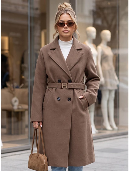 Elegancki płaszcz damski dwurzędowy z paskiem fango FashionStreet NY0790 Elegancki płaszcz damski dwurzędowy z paskiem fango FashionStreet NY0790