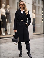 Elegancki płaszcz damski dwurzędowy z paskiem czarny FashionStreet NY0791 Elegancki płaszcz damski dwurzędowy z paskiem czarny FashionStreet NY0791