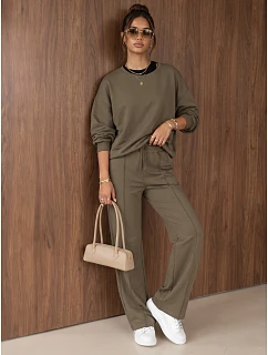 Komplet damski dresowy z szerokimi spodniami khaki FashionStreet AY1229