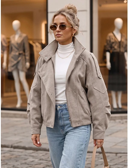 Kurtka damska z wełną krótka beżowa FashionStreet TY6033 Kurtka damska z wełną krótka beżowa FashionStreet TY6033