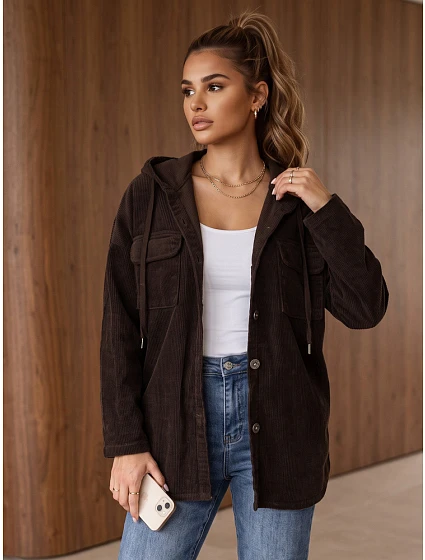 Kurtka damska sztruksowa oversize z kapturem czekoladowa FashionStreet TY6050