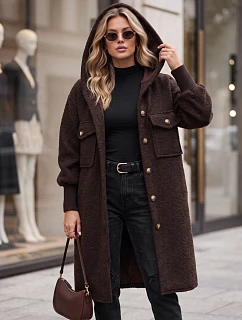 Płaszcz damski baranek długi z kapturem czekoladowy FashionStreet NY0797