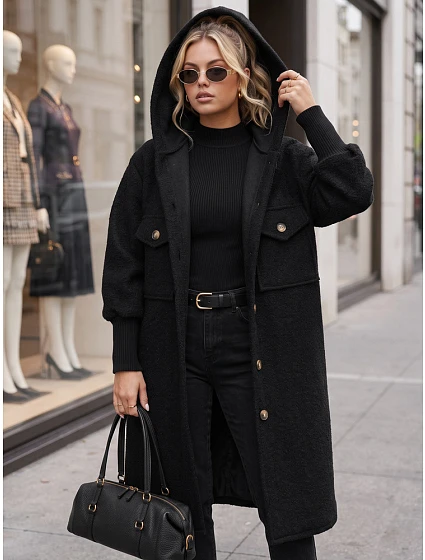 Płaszcz damski baranek długi z kapturem czarny FashionStreet NY0798