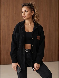Sztruksowa kurtka damska koszulowa oversize czarna FashionStreet TY6056
