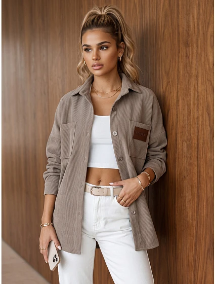 Sztruksowa kurtka damska koszulowa oversize beżowa FashionStreet TY6057