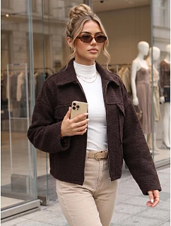 Krótka kurtka damska typu baranek na zamek czekoladowa FashionStreet TY6058