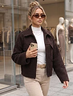Krátká dámská bunda typu „baranek“ na zip, čokoládová, FashionStreet TY6058