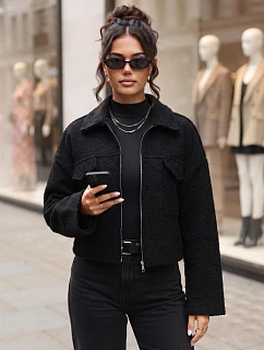 Krátká dámská bunda typu „baranek“ na zip, černá, FashionStreet TY6059