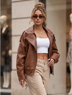 Dámská kožená bunda se stojáčkem, světle hnědá, FashionStreet TY6065