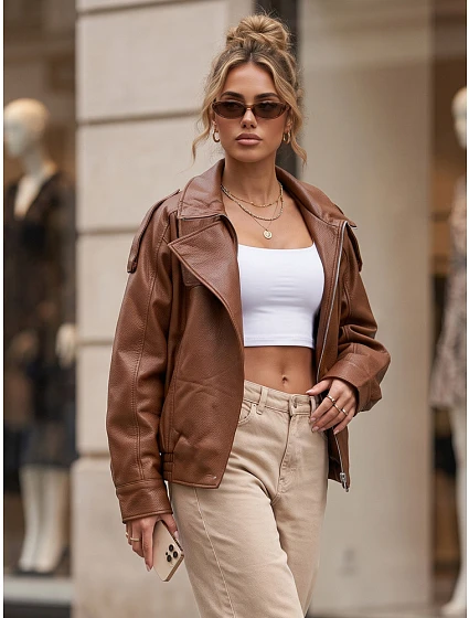 Dámská kožená bunda se stojáčkem, světle hnědá, FashionStreet TY6065