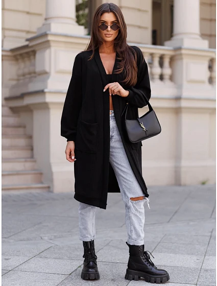 Kardigan damski długi oversize z kieszeniami czarny FashionStreet MY2583 Kardigan damski długi oversize z kieszeniami czarny FashionStreet MY2583