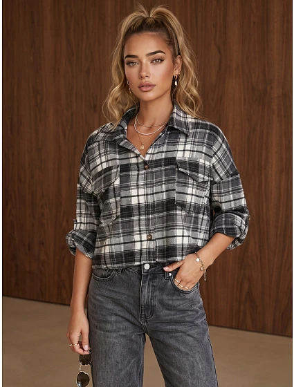 Dámská flanelová košile s kostkovaným vzorem, šedá, FashionStreet DY0497 Dámská flanelová košile s kostkovaným vzorem, šedá, FashionStreet DY0497