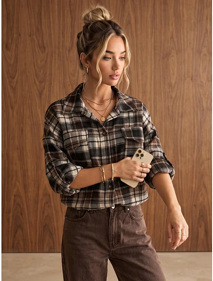 Dámská flanelová košile s kostkovaným vzorem, černá, FashionStreet DY0498