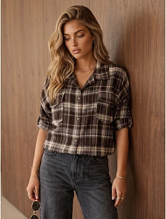 Dámská flanelová košile s kostkovaným vzorem, hnědá, FashionStreet DY0499