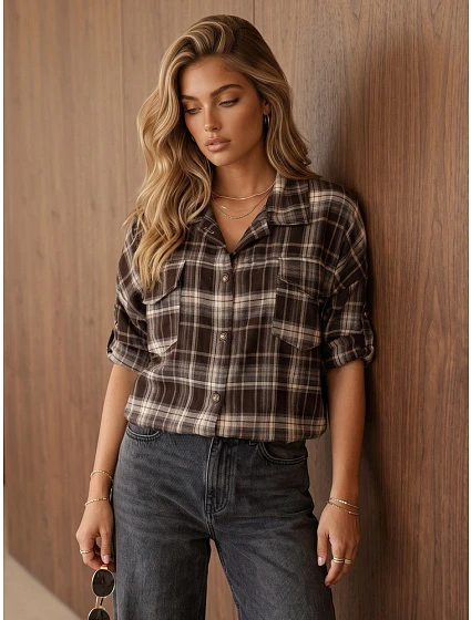 Dámská flanelová košile s kostkovaným vzorem, hnědá, FashionStreet DY0499 Dámská flanelová košile s kostkovaným vzorem, hnědá, FashionStreet DY0499