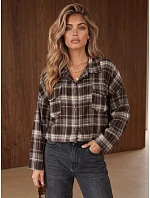 Dámská flanelová košile s kostkovaným vzorem, hnědá, FashionStreet DY0499 Dámská flanelová košile s kostkovaným vzorem, hnědá, FashionStreet DY0499
