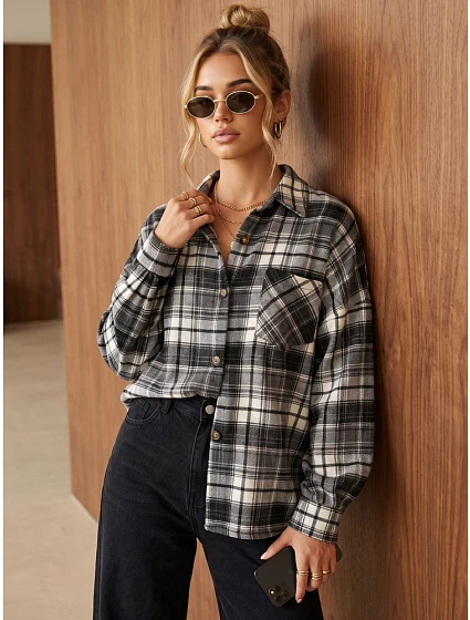 Dámská oversize flanelová košile s kostkovaným vzorem, černá, FashionStreet DY0500 Dámská oversize flanelová košile s kostkovaným vzorem, černá, FashionStreet DY0500