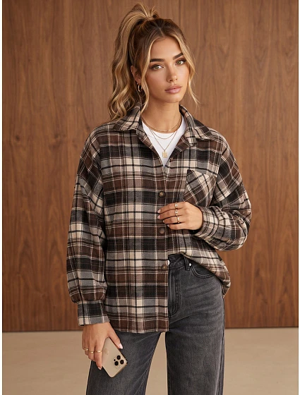 Dámská flanelová košile oversize s kostkovaným vzorem, hnědá, FashionStreet DY0501 Dámská flanelová košile oversize s kostkovaným vzorem, hnědá, FashionStreet DY0501