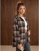 Dámská flanelová košile oversize s kostkovaným vzorem, hnědá, FashionStreet DY0501 Dámská flanelová košile oversize s kostkovaným vzorem, hnědá, FashionStreet DY0501