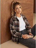 Dámská flanelová košile oversize s kostkovaným vzorem, hnědá, FashionStreet DY0501 Dámská flanelová košile oversize s kostkovaným vzorem, hnědá, FashionStreet DY0501